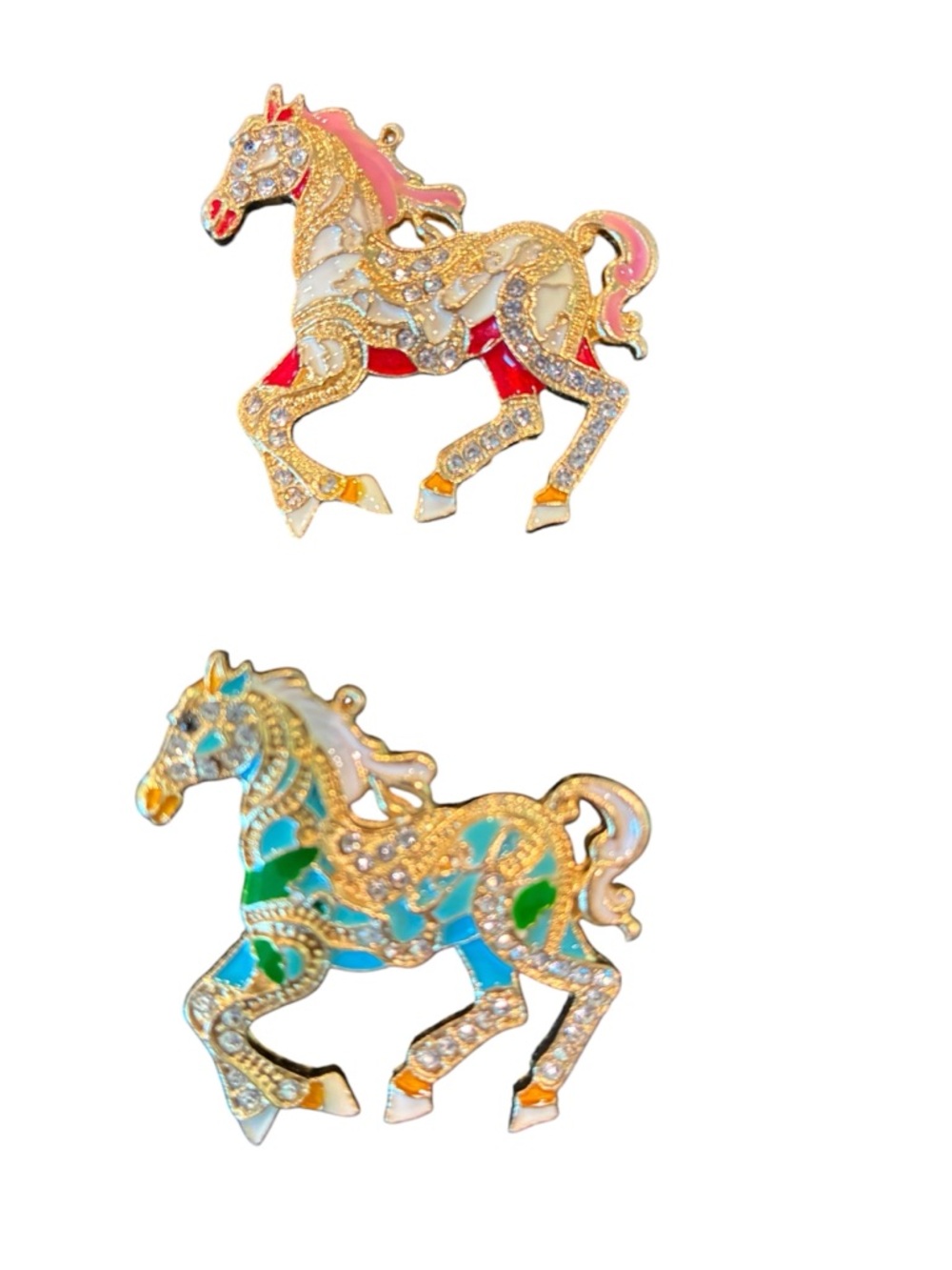 Gold-tone Red & Cream Horse and Green and Hold Brooches with Rhinestones NIP